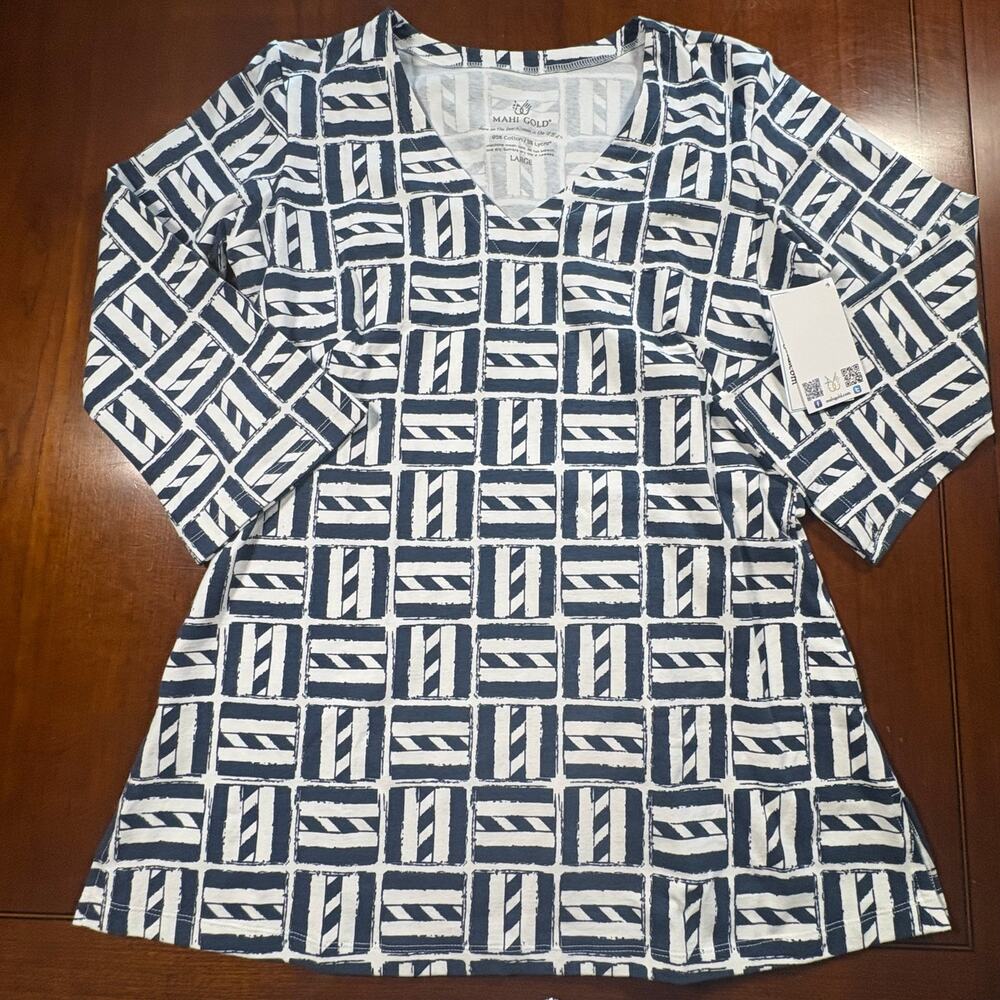 NWT Mahi Gold Blue and White Top Size Large